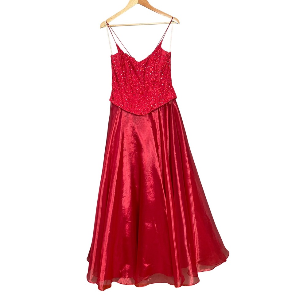 Vintage Y2K Prom Dress Corset Back Glitter Red Lace Attached Top Skirt Lace-Up